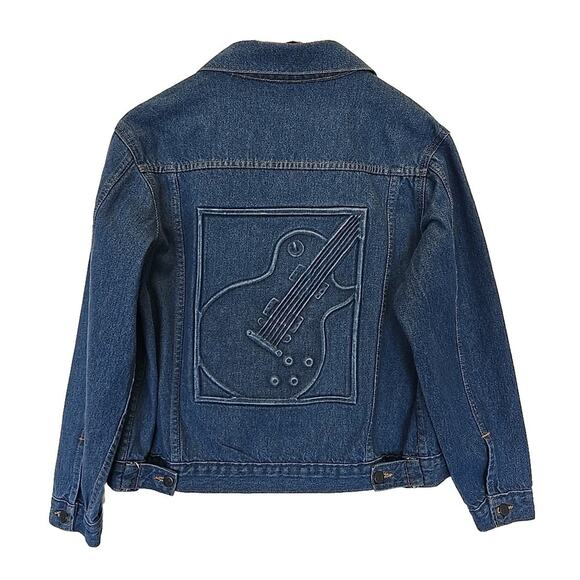 Vtg Tyca Mens Denim Jean Jacket Embossed Guitar Sz M Trucker USA Rockabilly Blue - Picture 1 of 8